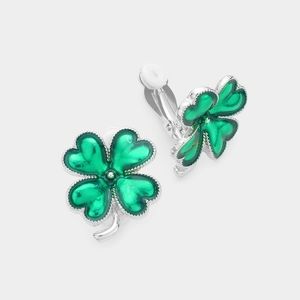 Green Silver Clip On Four Leaf Clover Charm Stud Earrings Shamrock St Patricks
